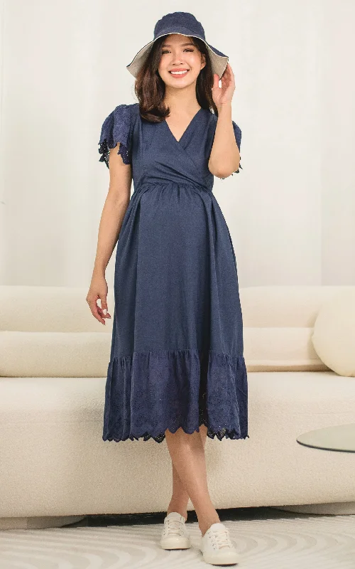 Anna Flutter Nursing Dress in Midnight Blue Off-shoulder unclassified dresses