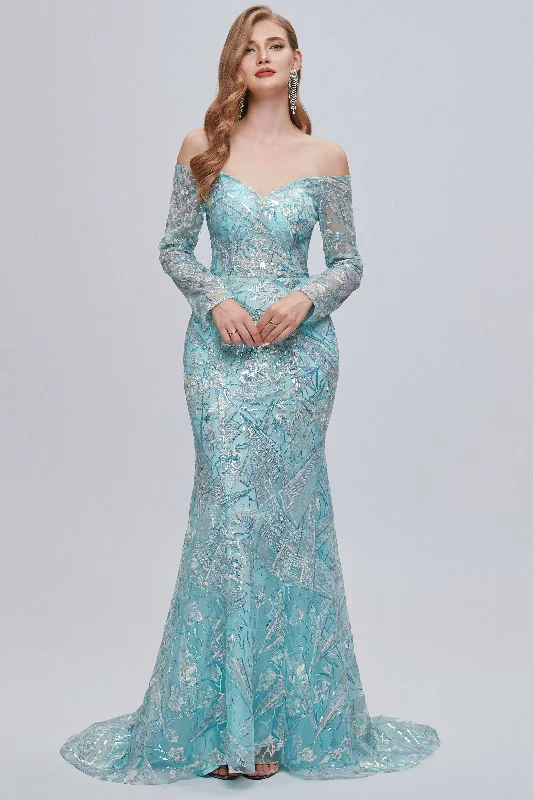 Aqua Blue Off-the-Shoulder Long Sleeve Mermaid Evening Dress Tulle Maxi Skirt