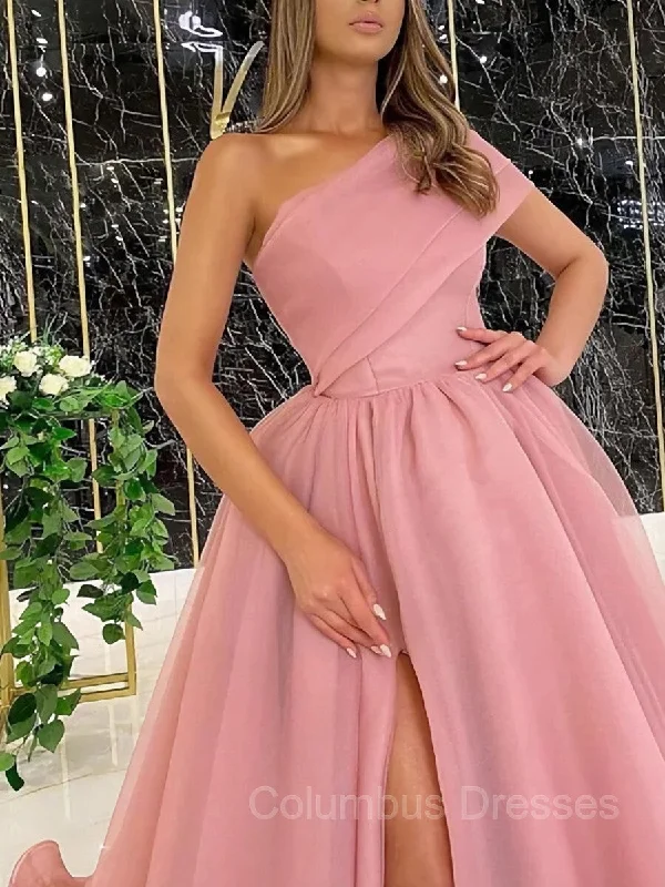 Ball Gown One-Shoulder Sweep Train Organza Prom Dresses With Leg Slit Lace unclassified dresses