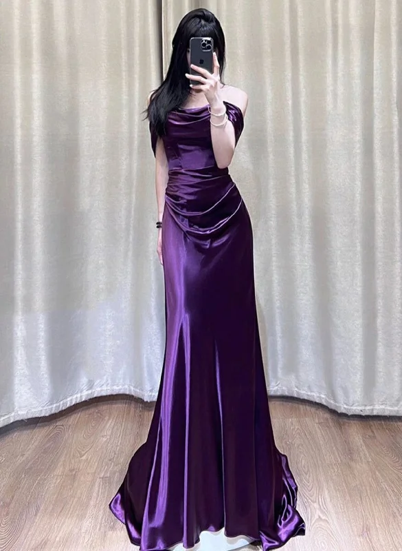 Beautiful Purple Satin Mermaid Off Shoulder Prom Dress, Purple Satin Evening Dress Soft fabric unclassified dresses