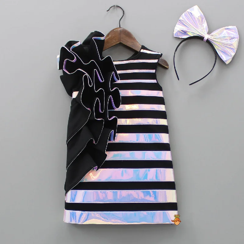 Black Holographic Ruffle Dress With Bow Hair band Gothic unclassified dresses