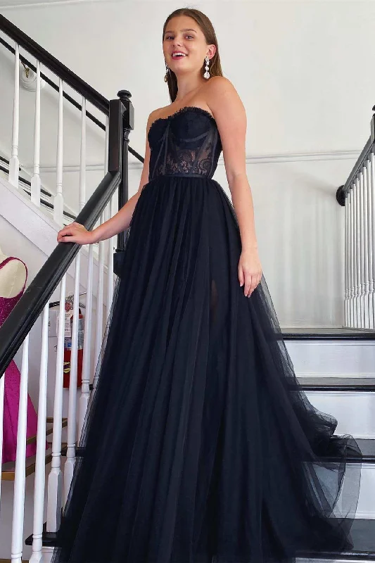 Black Tulle Strapless A-Line Long Prom Dress Bohemian Maxi Skirt