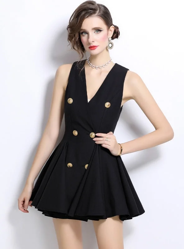 Black V-neck Sleeveless Button Dress Club unclassified dresses