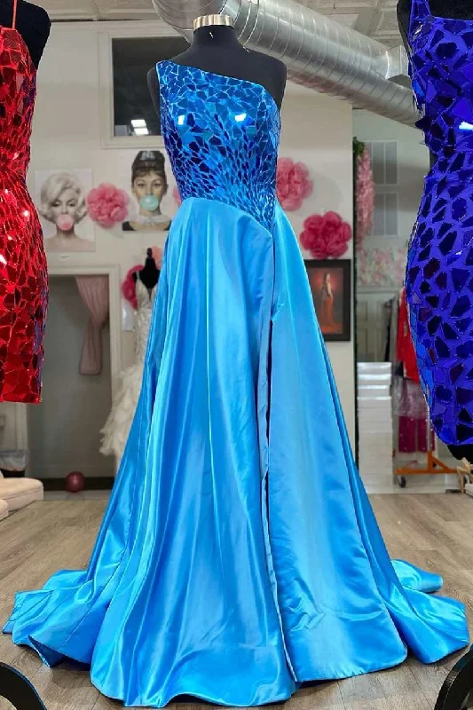 Blue Cut Glass Mirror One-Shoulder A-line Long Prom Dress Front Slit Skirt