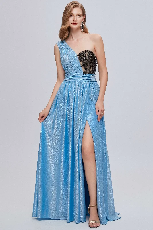 Blue One-Shoulder Bustier A-Line Long Prom Gown Pleated A-line Skirt