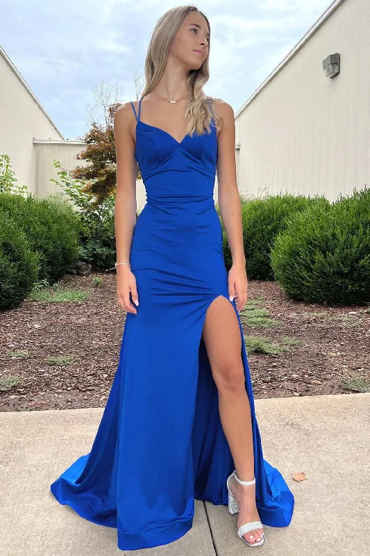 Blue V-Neck Lace-Up Long Formal Dress with Slit Embroidered Maxi Skirt