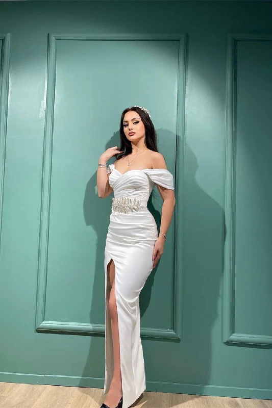 Charming White Mermaid Off-the-shoulder Sleeveless Evening Prom Dresses With Slit Everyday wear unclassified dresses