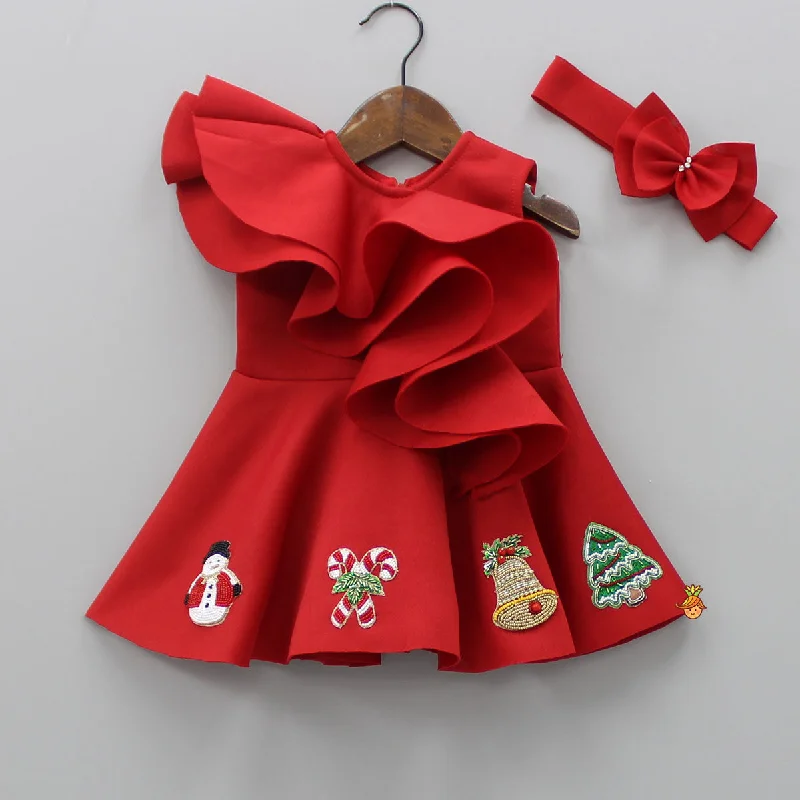 Christmas Theme Embroidered Red Scuba Dress With Matching Head Band Neutral tone unclassified dresses