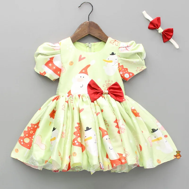 Christmas Theme Printed Green Flared Dress With Bowie Headband Ruffled unclassified dresses