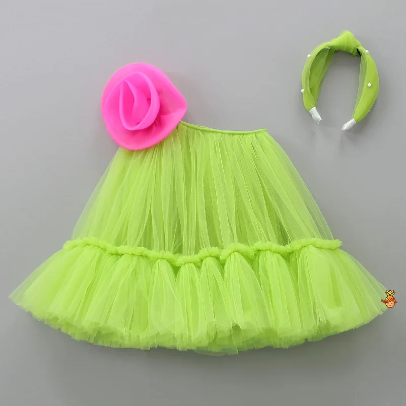 Contrasting Rose Adorned One Shoulder Green Dress With Matching Knot Detail Hair Band One-shoulder unclassified dresses