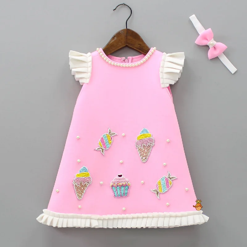 Cute Candy Embroidered Baby Pink Dress With Matching Head Band Printed unclassified dresses