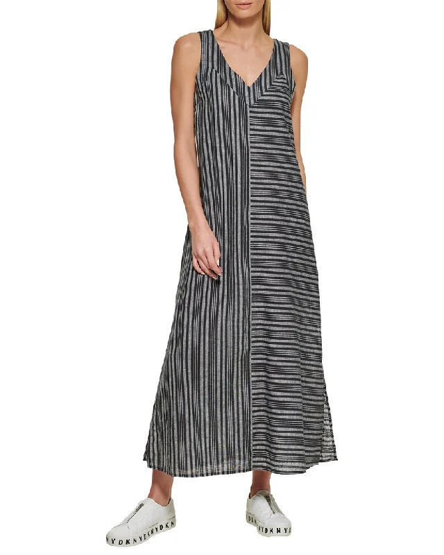 DKNY Striped Double V-Neck Linen Dress Lounge unclassified dresses