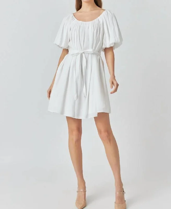 Eloise Pleated Puff Sleeve Dress In White Winter unclassified dresses