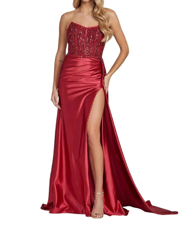 Embroidered Strapless Slit Gown In Burgundy Ruffled unclassified dresses