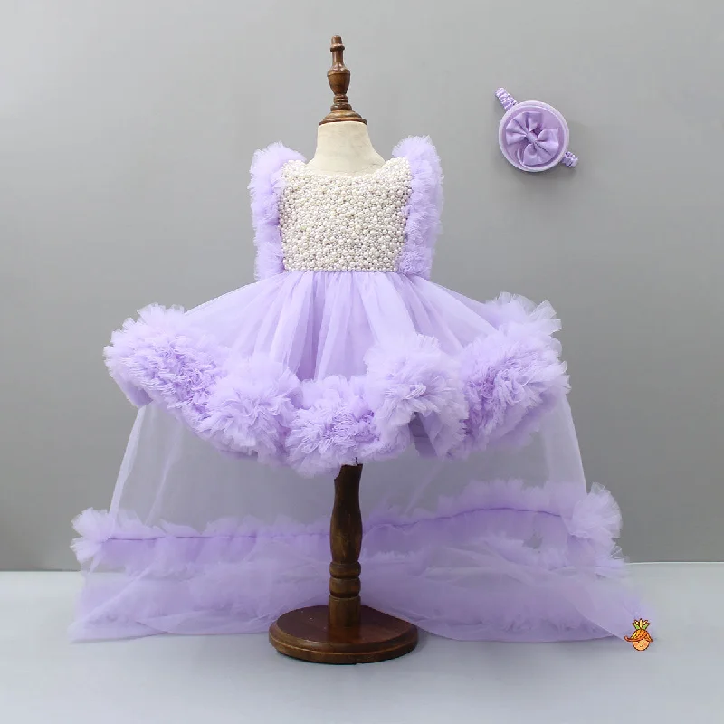 Embroidered Yoke Ruffle Hem Lavender Dress With Detachable Trail And Matching Head Band Floral unclassified dresses