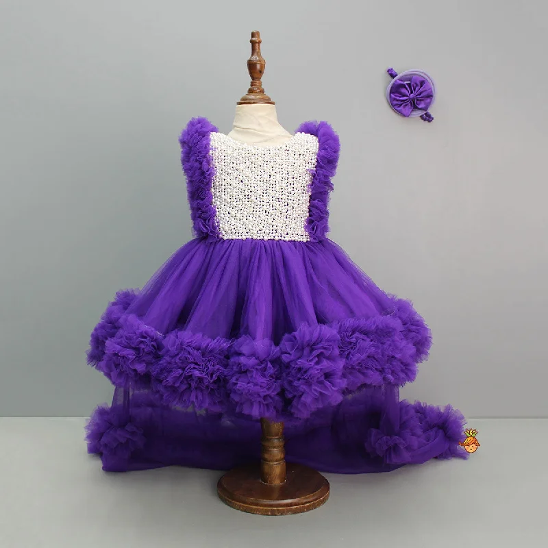 Embroidered Yoke Trail Purple Dress With Detachable Bow And Matching Swirled Bowie Headband Flowy unclassified dresses