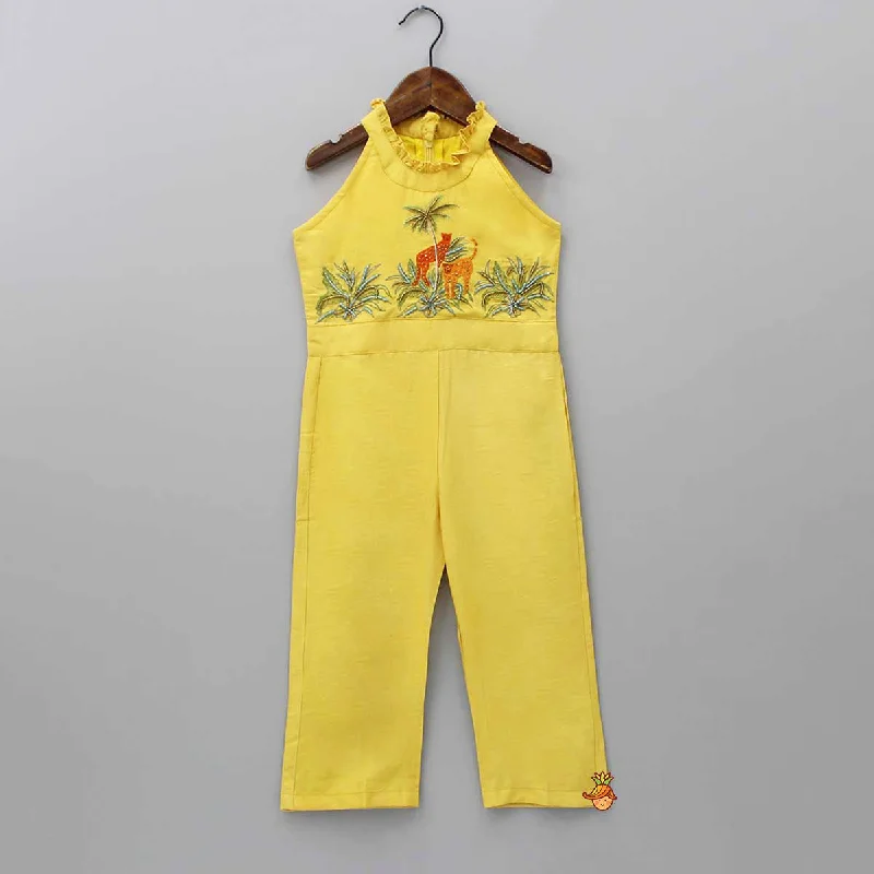 Embroidered Yoke Yellow Jumpsuit Pastel unclassified dresses