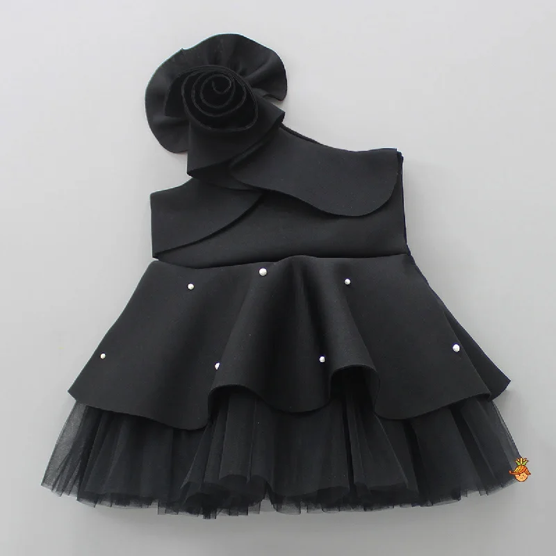 Exquisite Pearls And Rose Embellished Frilly Black Scuba Dress Date night unclassified dresses