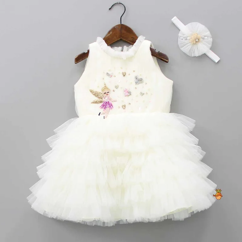 Fairy Embroidered Yoke Off White Multi Layered Dress With Head Band Spring unclassified dresses