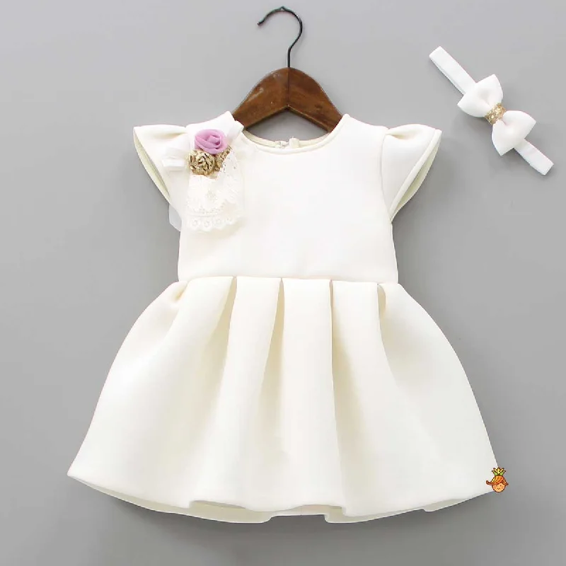 Fancy Off White Scuba Dress With Matching Bow Head Band Elegant evening unclassified dresses