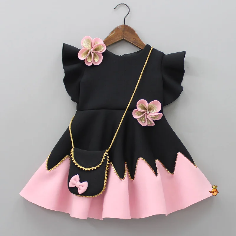 Flower Embellished Black Dress With Sling Bag Bodycon unclassified dresses