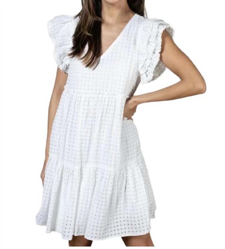 Gingham Flutter Sleeve Dress In White Smocked unclassified dresses