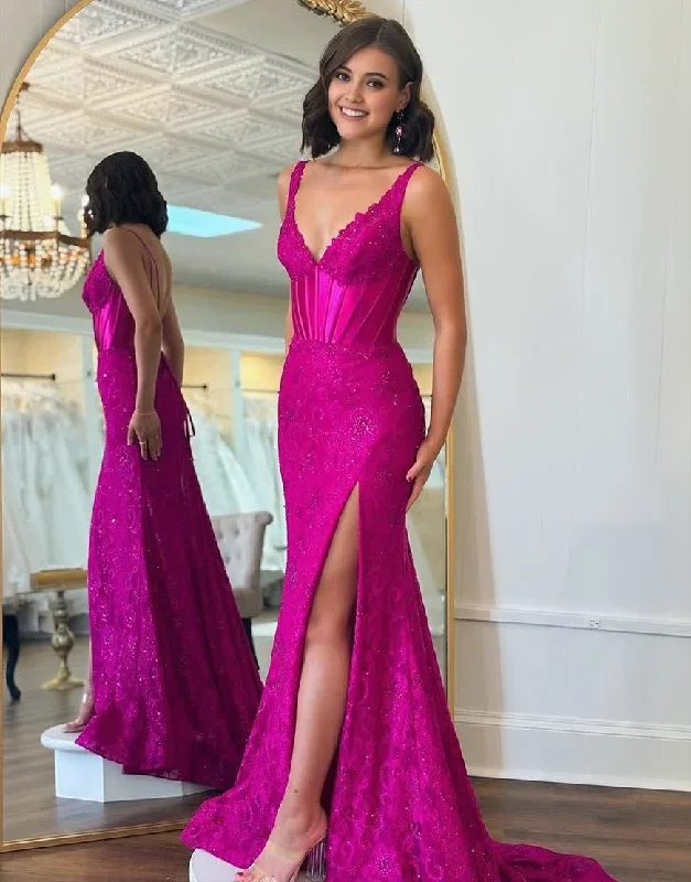 Glitter Fuchsia Mermaid Sweep Train Prom Dress With Slit Stretchy unclassified dresses