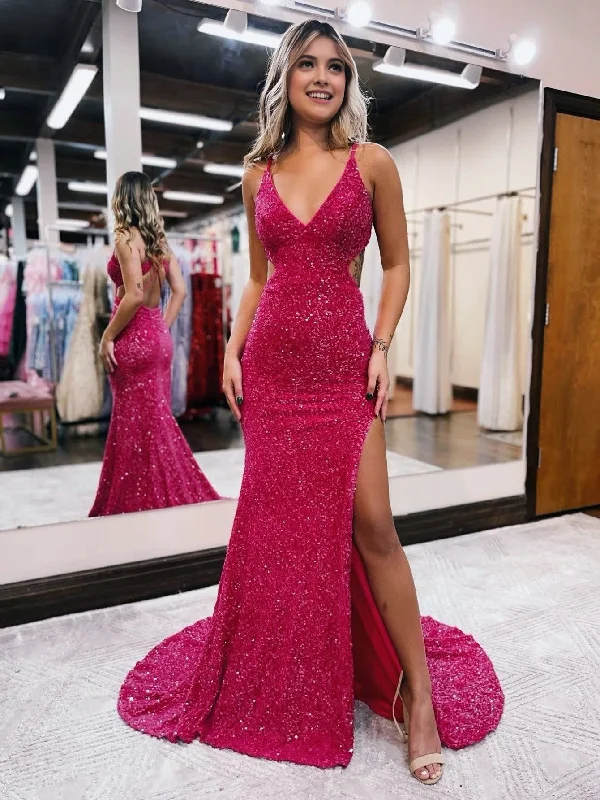 Glitter Red Mermaid V Neck Cut Out Prom Dress with Slit Halter unclassified dresses