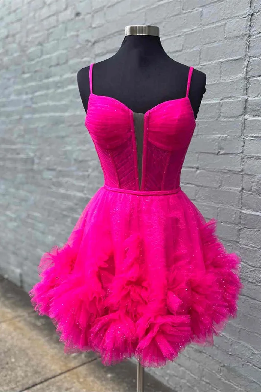 Glitter Straps Hot Pink Ruffle A-Line Homecoming Dress Best-selling unclassified dresses