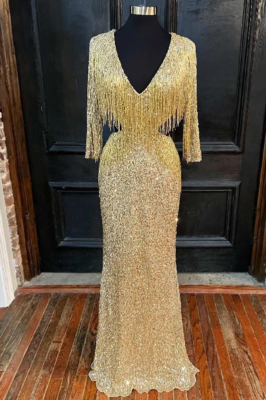 Gold Sequin V-Neck Half Sleeve Fringes Long Prom Dress Comfortable Long Skirt