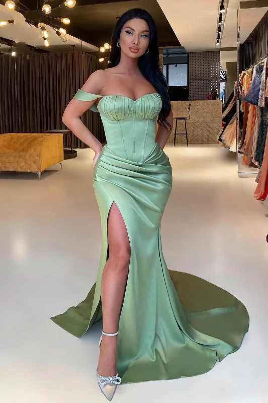 Gorgeous Sage Green Off-the-Shoulder Prom Dress Mermaid Slit Party unclassified dresses