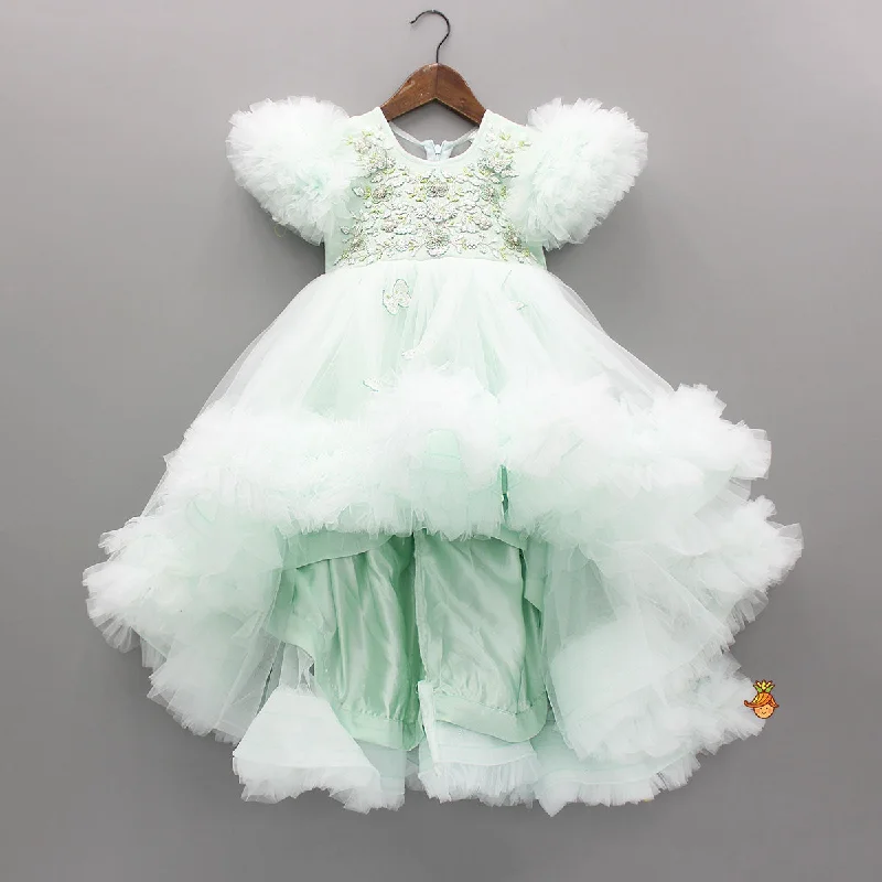 Green High Low Dress With Butterflies Embellished And Detachable Bow Smocked unclassified dresses