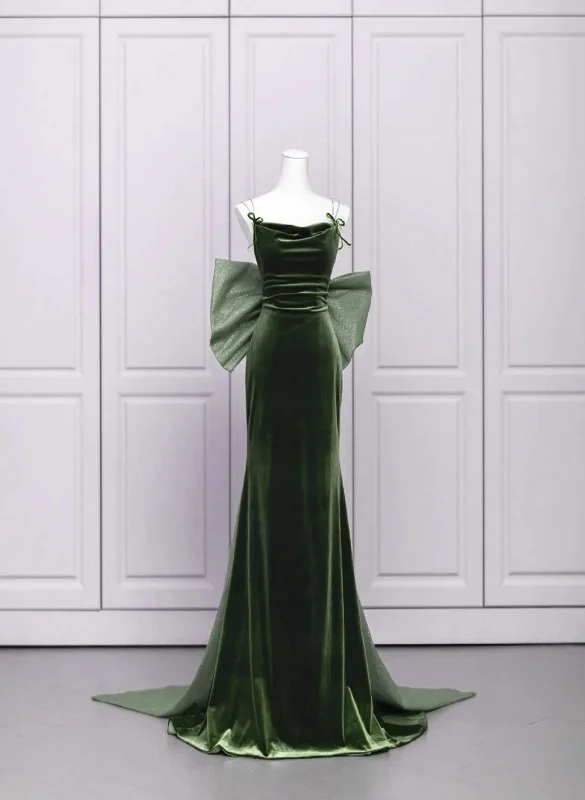 Green Velvet Straps Low Back Evening Dress, Green Velvet Prom Dress Floral unclassified dresses