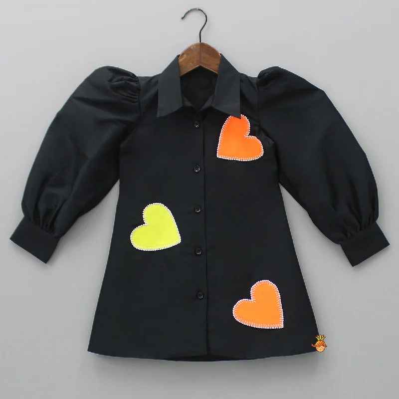 Heart Patch Work Black Collared Neck Dress Fashionable unclassified dresses