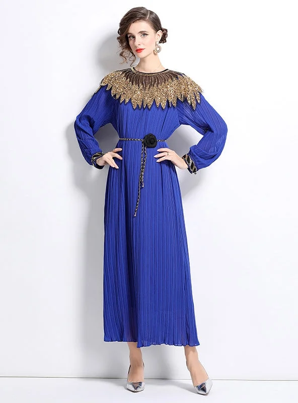 Heavy Industry Beaded Lantern Sleeve Pleated Dress Beach unclassified dresses