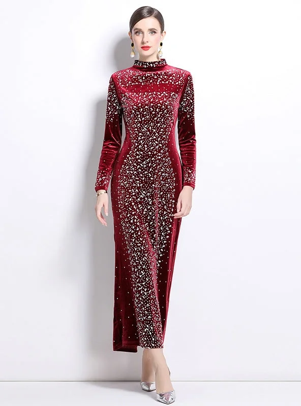 Heavy Industry Rhinestone Velvet Slim Dress Women's unclassified dresses