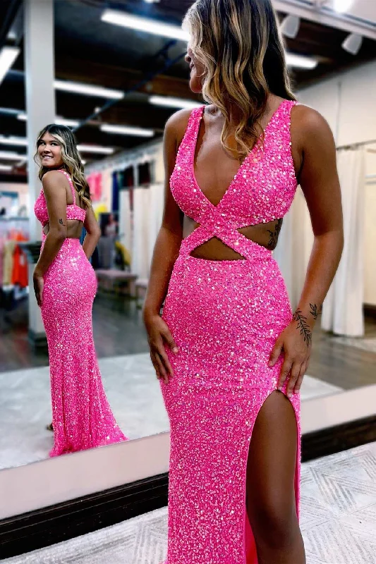 Hot Pink Sequin Cross-Front Cutout Long Prom Dress with Slit Lace Detail Maxi