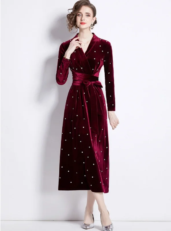 Hot Rhinestone Velvet V-neck Slim Dress Polka dot unclassified dresses