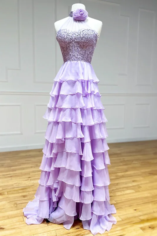 Lavender A line High Neck Tiered Chiffon Prom Dress with 3D Flower Fashionable unclassified dresses