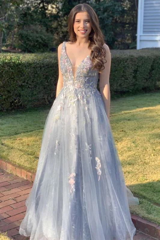 Light Gray Tulle Appliques V-Neck A-Line Long Prom Gown Flowing Maxi Skirt