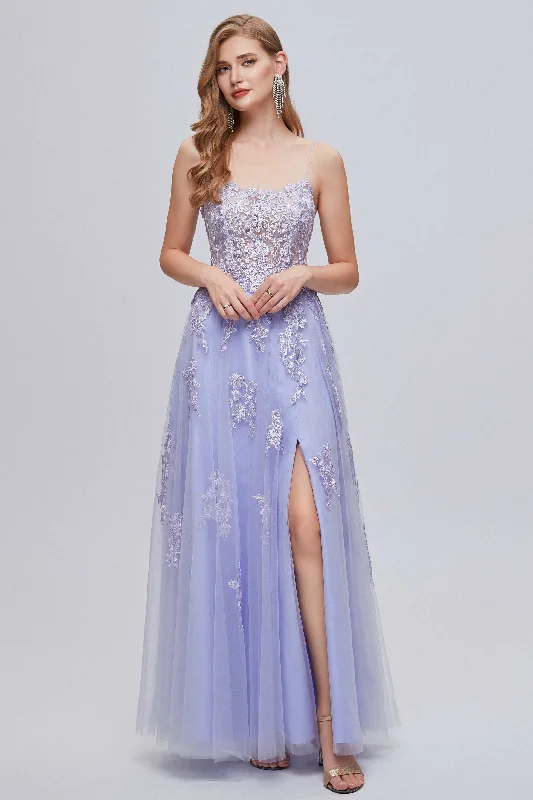 Lilac Appliques Lace-Up A-Line Long Prom Dress with Slit Silk Maxi Skirt