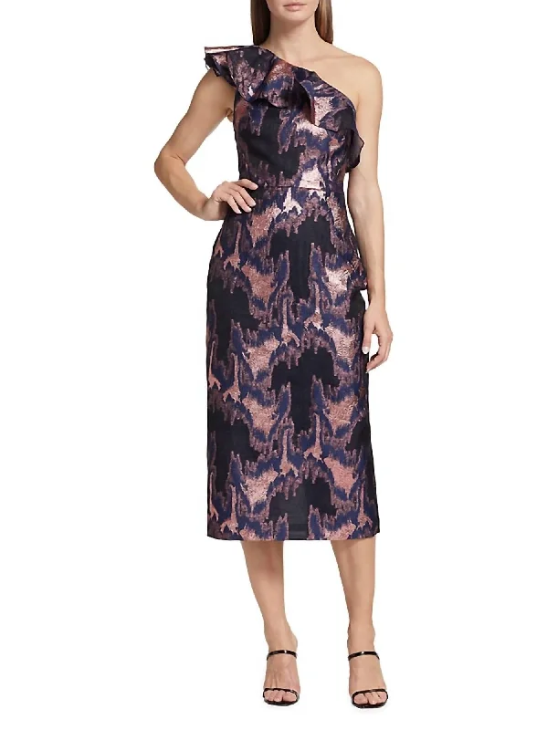 Lina One Shoulder Jacquard Dress In Navy / Rose Gold Travel unclassified dresses