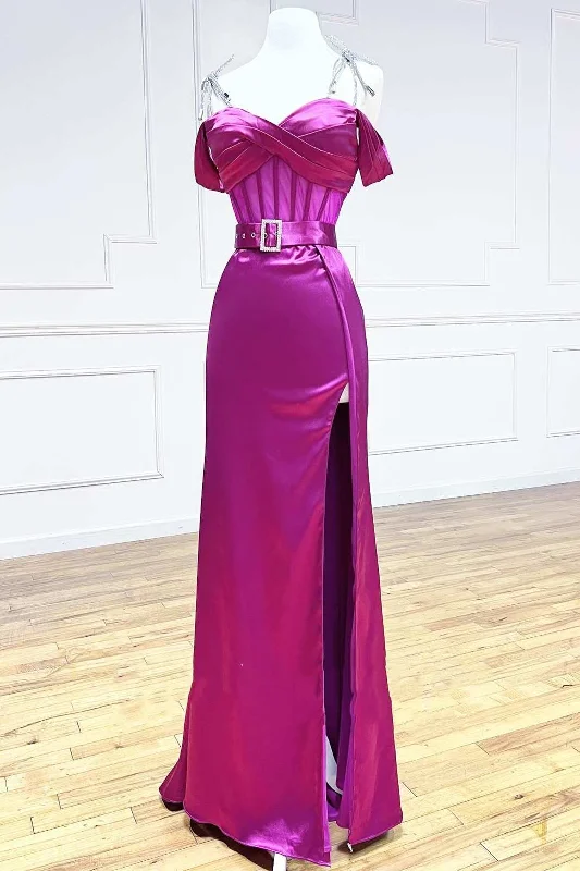 Magenta Sweetheart Belted A-Line Prom Dress with Slit Formal unclassified dresses