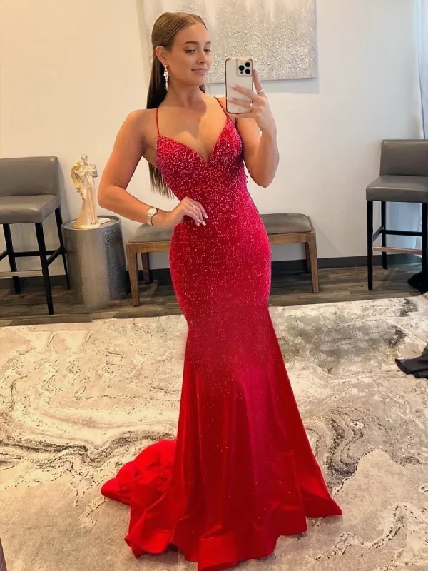 Mermaid V Neck Red Glitter Satin Prom Dress Preppy unclassified dresses