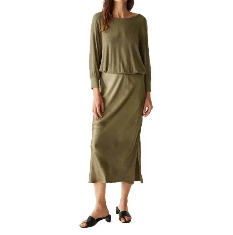 Nadia Mixed Fabric Satin Dress In Olive Chic unclassified dresses