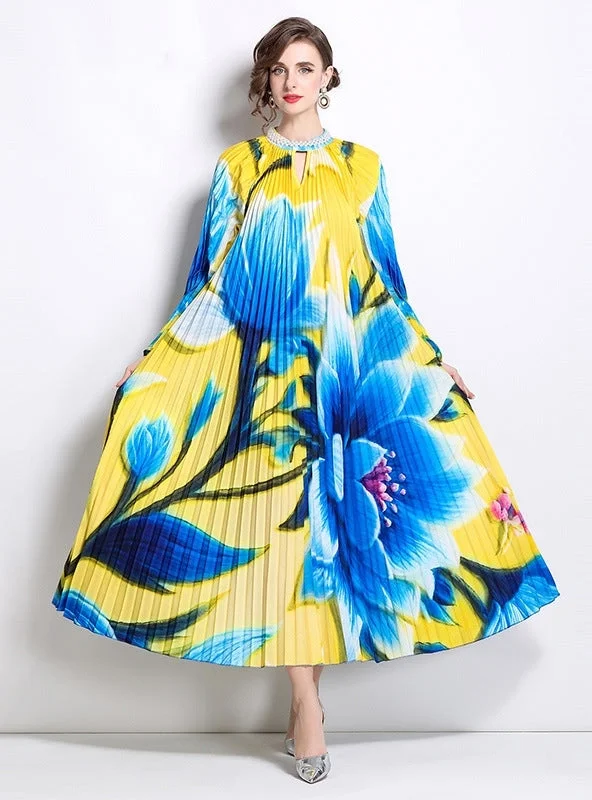 Nail Bead Printed Pleated Pearl Dress Bright color unclassified dresses