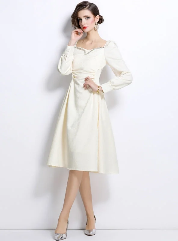 Nail Drill Beige Bubble Sleeve Silm Waist Dress Breathable unclassified dresses