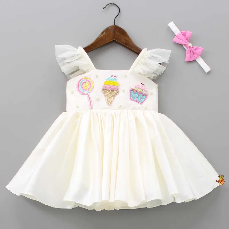 Off White Candies Embroidered Dress With Contrasting Pink Head Band Tulle unclassified dresses