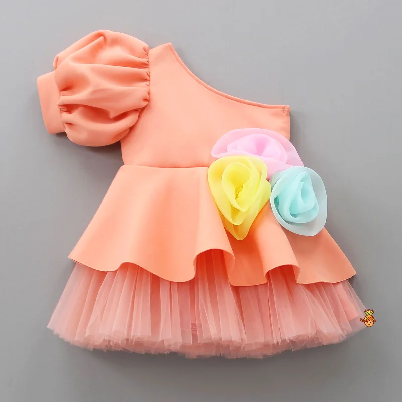 One Shoulder Neoprene Layered Peach Dress Ruffled unclassified dresses