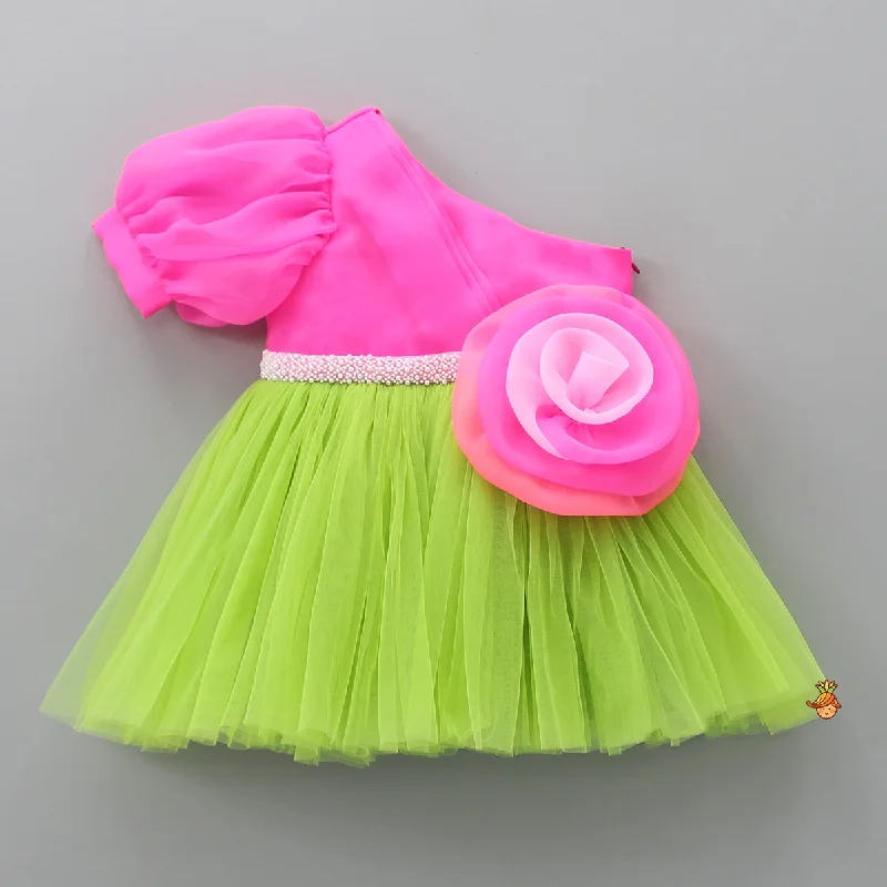 One Shoulder Swirled Flower Enhanced Flared Pink And Green Dress Color block unclassified dresses